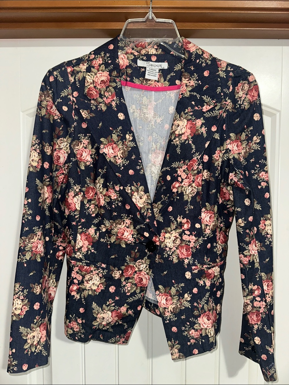 Swoon Boutique Navy Blazer with Pink Rose Floral Print size M